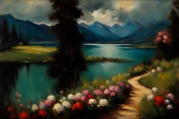 Mountains, lake, flowers, pathway, pine trees, clouds, lesser ury impressionism painting