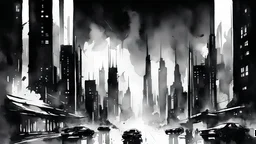 futuristic modern dark night metropolis crime. In black and white style watercolor drawing. a lot of black color