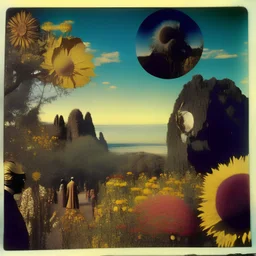 High definition polaroid photo of a marvelous landscape, trees, flowers, giant sun, people wearing masks, intricate, rock formations, atmosphere of a Max Ernst painting, Henri Rousseau, thoughtful, interesting, a bit appalling, smooth