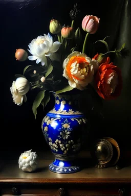 classic oil painting of a dutch still life, with a china vase full of flowers