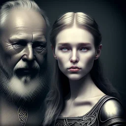 Viking theme, a younger woman sitting next to a 50-year-old man, portrait, 8K, close-up face, anatomically perfect face, Highly detailed stunning full frame portrait, misty and cloudy atmosphere