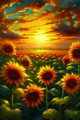 At sunset turn this into a beautiful sunflower scenery, magical, painting quality 8K , Busch painting style