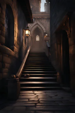 A hatefull wright descending the stairs up to a tempel in a medieval city. Horror setting. fantasy art, , Cinematic lighting, Volumetric lighting, Epic composition, Photorealism, Very high detail, Character design, Unreal Engine, Octane render, HDR, Subsurface scattering