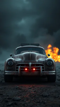 the car in jeeper creeper movie , skin is a rusted broken metallic skin texture in a 3d rendering full-height image of a grim and dark scene. Ensure the final images exhibit the utmost quality, encompassing 4K, 8K, and 64K resolutions, with 3D rendering that manifests in photorealistic, hyperrealistic, and highly detailed representations. Employ techniques such as HDR, UHD,