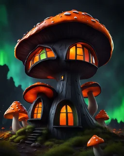 An asymmetrical mushroom house in the night sky. in space. Bright Bold Bright Colors, green orange black, Stark Dark background. Detailed Matte Painting, deep color, fantastical, intricate detail, splash screen, hyperdetailed, insane depth, Fantasy concept art, 8k resolution, trending on artstation, Unreal Engine 5, color depth, Deep Colors, backlit, splash art, dramatic, splash art Style. High Quality, Painterly, Whimsical, Fun, Imaginative, Bubbly, good detail, perfect composition,