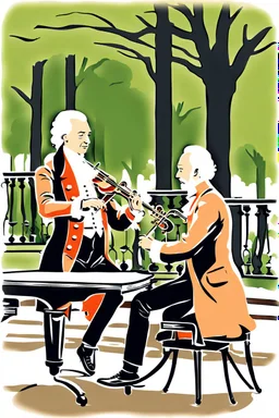 Mozart and Tchaikovsky jamming in a park bandstand