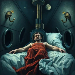 Man spends a sleepless night inside a dark submarine in a delusional state , paint it in the baroque style, as if the man is horrified