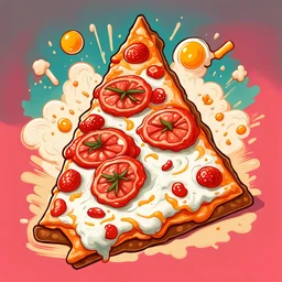 Vintage illustration of a surrealist over exaggerated, retro pulp fiction art style drawing of a thin triangle slice of pepperoni pizza topped generously with fresh burrata and hot honey cartoonist animation style, hand drawn, pastel color palette, gross art, pop punk, 90s anime inspired, airbrushing, post modern, horror cut, gradient chrome abberations, retro weird drawings, alien brain matter, blood spatter , scifi punk