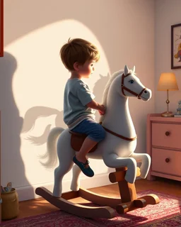 My Gemini prompt/Pixverse animation. Prompt: A square digital painting of a young boy sitting on a rocking horse in his bedroom, his translucent light grey shadow which is on the wall beside him depicting an outline of a boy galloping a real horse, the image depicts the dreams child have. Hyper-realistic hyper-vibrant hyper detailed