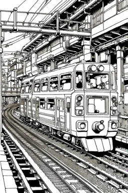 Tokyo railway area, line arts, manga style