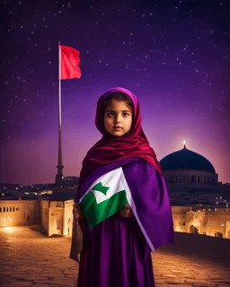 Artistic red purple little palestinian girl Holds a flag of Palestine In front of the Dome of the Rock at night , PRINT medieval style