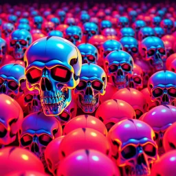 a field of 1000s of cartoonish, anatomically correct, skulls, vivid RANDOM BRIGHT neon colors, dark comedy, well lit, high detail, photorealistic, horrorcore, fun, scary, dead