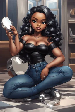 Create a futurism magna art of a black chibi curvy female sitting on the floor looking at herself in a hand mirror. She is wearing tight blue jeans and a black off the shoulder blouse. Prominent make up with lush lashes. Highly detailed long wavy hair. She is also wearing silver large hoop earringsart of a black chibi curvy female sitting on the floor looking at her cell phone. She is wearing tight blue jeans and a black off the shoulder blouse. Prominent make up with lush lashes.