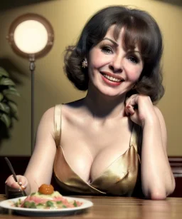 Ultra realistic photographic portrait, happy young Gina Lollobrigida woman sitting with arms resting on Italian kitchen table, pretty ravioli dish with olive oil and albahaca, renaissance style decoration, soft color, highly detailed, unreal engine 5, ray tracing, RTX, lumen lighting, ultra detail, volumetric lighting, high definition.