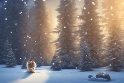 Cat in Wellensteyn coat, winter forest, pine trees, snowing, in sunshine