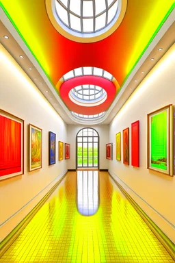 3 D-shot A hall for displaying art paintings. The walls are oval-shaped, and there is an oval wall in the middle of the hall, to divide the hall into two parts, and the paintings are hung on the walls, and the walls are made of glass.