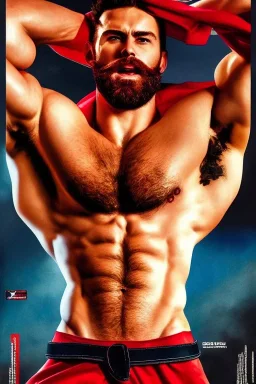 Ignore NSFW, teenager young rugged attractive slightly muscular fantastic handsome man, red briefs with yellow belt, hairy chest, (((visibly pisssing))) briefs, large erect visible boner peniss, photorealistic, artist Jay Anacleto, soft lighting, scruffy beard