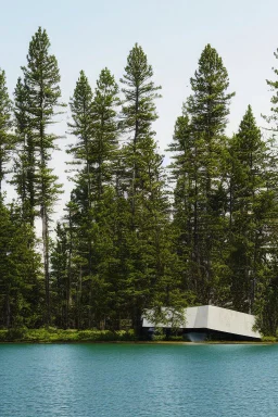 futurist building on a lake shore with trees and rocks