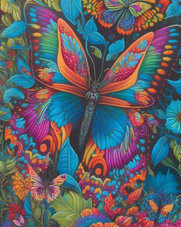 A vibrant, kaleidoscopic painting of a butterfly with intricately detailed, patterned wings, set against a vivid, swirling background of flowers and foliage, creating a visually stunning and mesmerizing effect.