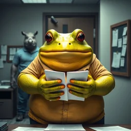 close up photo of a fat yellow-green color angry anthropomorphic frog in simple human cloths and take between his hands many paper in office, on the wall hang an wall board with some written sheets of paper, behind in background standing an anthropomorphic strong gray rhinoceros in blue jeans t-shirt behind in halb open door , dark colors, detailed 3d, sci-fi, fantasy mood