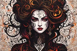 an abstract full body portrait of a goth punk vampire girl from calligraphic letters, flourishes, and swirls , finely drawn and inked, in classic Arabic calligraphy, 4k, hyper detailed in the style of EL SEED and vibrantly colored in the style of GUSTAV KLIMT