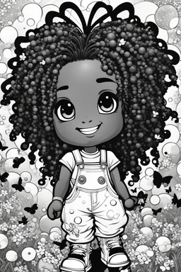Create a coloring page of a abstract illustration of a chibi cartoon black young girl smiling wearing overalls and boots. . Highly detailed sister locs. Background of a large bubbles and butterflies all around her, black and white
