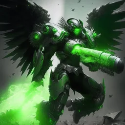 armadura verde y negra con alas de angel disparando un cañón de energía verde