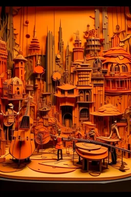 A dark orange color metropolis made out of jazz instruments designed in Chinese paper art painted by Utagawa Hiroshige