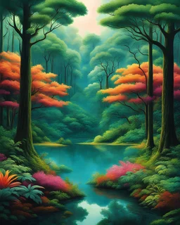 A mesmerizing and mysterious optical illusion set in a vibrant, natural environment, featuring ambiguous images with dual perspectives. The image captures a lush, colorful scene—perhaps a dense forest, a tranquil lake, or a wild savannah—where the elements of nature and living beings are intricately woven into a complex, double-meaning composition. At first glance, the scene may appear to depict a serene landscape or a group of animals in their natural habitat. However, upon closer examination,