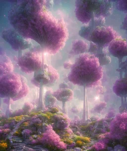 crystal cosmic and galactic ambiance hill sky sunny flowers stairs trees futuristic landscape, full of details, smooth, bright sunshine，soft light atmosphere, light effect，vaporwave colorful, concept art, smooth, extremely sharp detail, finely tuned detail, ultra high definition, 8 k, unreal engine 5, ultra sharp focus