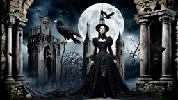 goth theme with victorian style woman, two raven, tower, ruin, moon, darkness, detalied materials, old wall, mystic, dark fantasy
