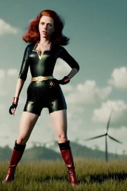 retro portrait image from 1960, sky background, wind, long red hair, fighting stance, sweet young Scarlett Johansson, black dress, classic long tight lycra black suit, gold bracelet and belt, high heel boots, superhero style, soft color, highly detailed, unreal engine 5, ray tracing, RTX, lumen lighting, ultra detail, volumetric lighting, 3d, finely drawn, high definition, high resolution.