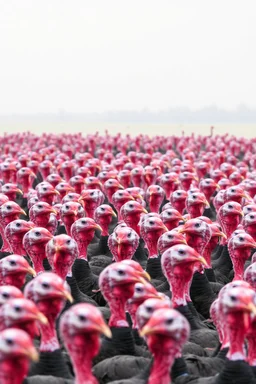 A 50 of turkeys heads filling the whole view and the background