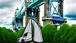 A Tesla semi-truck is parked, near the 'Tower Bridge', in London. CINEMATIC. WIDE ANGLE LENS.