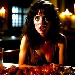 Horror movie shot, hot spooky, leech, shoulders, stunning, dining, huge breasi, ultra realistic, really eerie, ultra hypnotic, obsessive, hot realistic hot skinny woman, pieces of meat, Dario Argento, Stanley Kubrik, 1980's, ornate, 4k, photorealism, splatter horror, graphic, details of the skin extremely accentuated