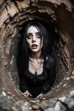 Closeup tall Girl goth with big eyes, ragged clothes, fullbody, crushed for walls, inside claustrophobic, the perspective looking up from the bottom of an empty well , 8k,macro photography,