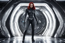 photorealistic slim woman looking like black widow with white boots in a heroic pose at the entrance to a spaceship