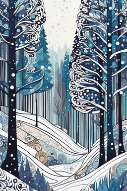 random color Zentangle patterns in the styles of Gustav Klimt ,Wassily Kandinsky, Paul Klee, and Kay Nielsen that depicts a quiet snow clad winter forest with fine ink outlining