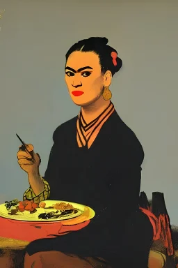 by Andy Warhol, by Camille Corot, by Frida Kahlo, by Katsushika Hokusai, Graphemes, Light Painting, Diorama, Soviet Art, Technicolor, Woman wearing a red summer casual dress with gold shoes, A plate of spaghetti sitting on a restaurant table in front of her
