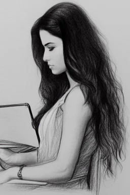 Pencil sketch of Young woman, Arab features,sad, long wavy hair, reading a book, full body، on lined paper