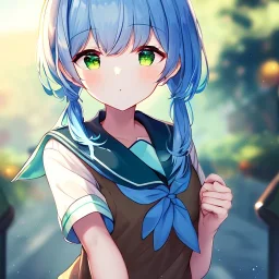 Clear focus, High resolution, short light blue hair, long locks, green eyes, wearing a sailor uniform, wearing a sailor skirt, wearing a brown vest, cute, 1girl