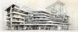 Create a slightly abstract illustration with technical architectural drawings mixed with technical text, primarily in black, raw collage artwork, offwhite background color, pastel color shades