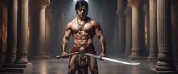 Hyper Realistic shirtless muscular handsome short black hair Indian King holding sword in a huge dark hallway with traditional pillars