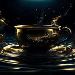 A surreal vision of a boundless oceanic battle, contained in the waters of a single, black teacup with golden ornament. Fierce naval battle in the teacup. Surrealistic, atmospheric, hyper realistic, ultra detailed, action shot, light reflection in water. --s 250 --style raw --c 4