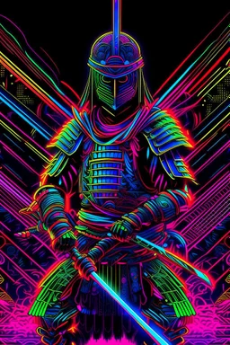 neons psychedelic samurai Katana warriors with geometrical patterns and neon colors