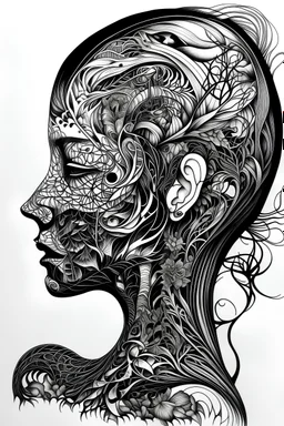 Beautiful bizarre ink drawing, fine lines, negative space, black and white, highly detailed