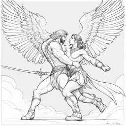 pencil sketch:: single line:: fantasy art, Jacob wrestling with angel.