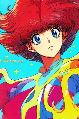 1girl, retro anime, 80's, redhead,Portrait of beautiful woman, sparkling dark blue eyes,