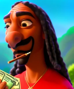 Snoop Dogg, cigar with dollars burning, jungle background, hyper realistic