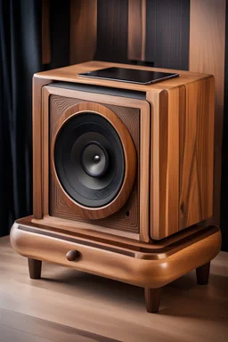 pro audio SPEAKER with a display screen and it is made of wood in the style of art deco on a coffee table